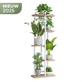 Bloemenstandaard – Metalen Plantenrek met 6 Houten Planken – Duurzaam & Stabiel – Geschikt voor Binnen & Buiten – Modern Design voor Kamerplanten, Tuin & Terras