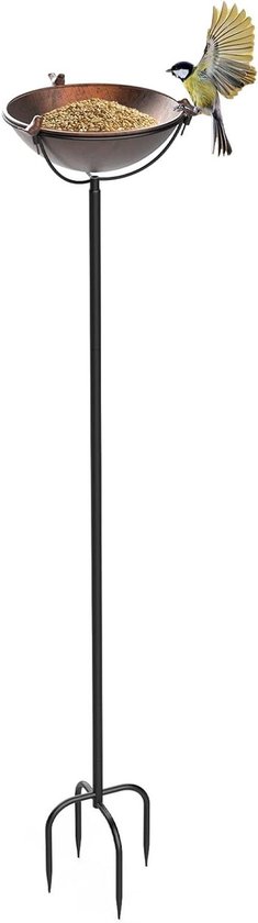 EFUTURETIME Metalen vogelvoederstation met standaard, 26 × 109 cm, in hoogte verstelbaar dienblad met 3 vogelsculpturen voor tuin, outdoor, balkon, zwart