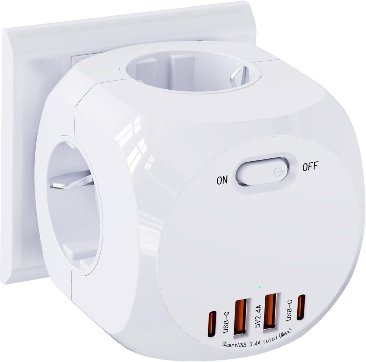 8-in-1 stekkerblok met USB en AC-stopcontacten voor veelzijdig opladen in huis en kantoor