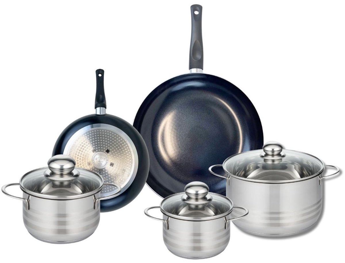Set van 2 Koekenpannen 20 en 28 cm en 3 kookpotten 14, 16 en 20 cm Elo Prima Brillant