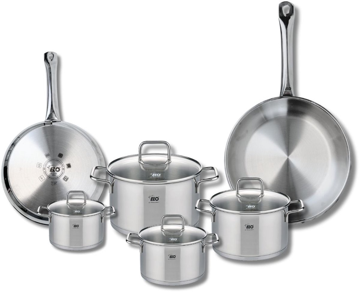 Set van 2 Koekenpannen 24 en 28 cm en 4 kookpotten 12, 14, 16 en 20 cm Elo Profi Citrin