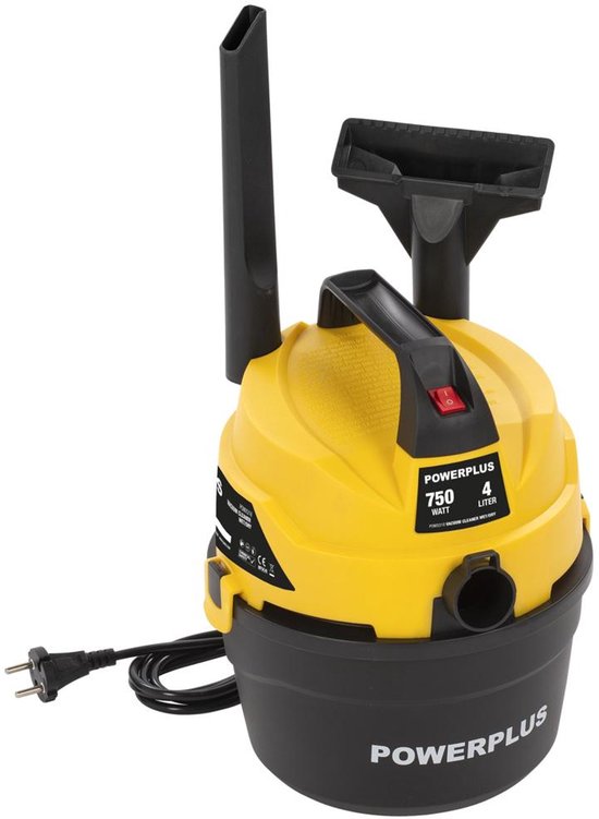 Gele en zwarte Powerplus nat-droog stofzuiger met accessoires, inclusief twee opzetstukken.
