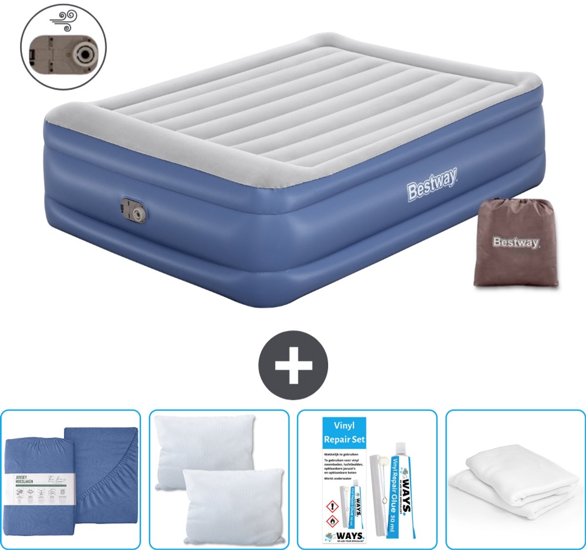 Bestway luchtbed - 2-Persoons - 152 x 203 x 56 cm - Grijs/Blauw - Inclusief pomp - Hoeslaken - Kussen - Kussenbeschermer en Reparatieset