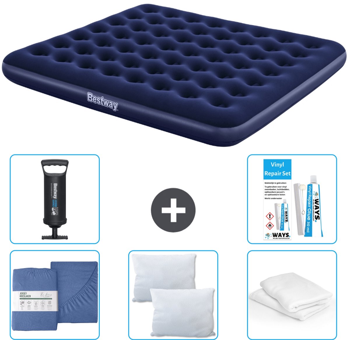 Bestway luchtbed - 2-Persoons - 183 x 203 x 22 cm - Blauw - Inclusief Hoeslaken - Kussen - Kussenbeschermer - Pomp en Reparatieset