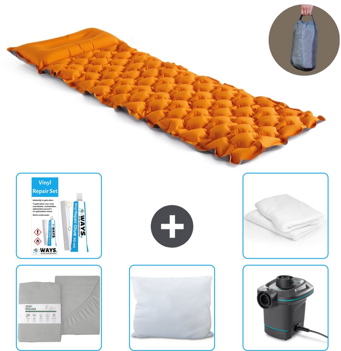 Intex Campingmat - 1-Persoons - 71 x 191 x 11 cm - Oranje - Inclusief Hoeslaken - Kussen - Pomp - Reparatieset en Kussenbeschermer