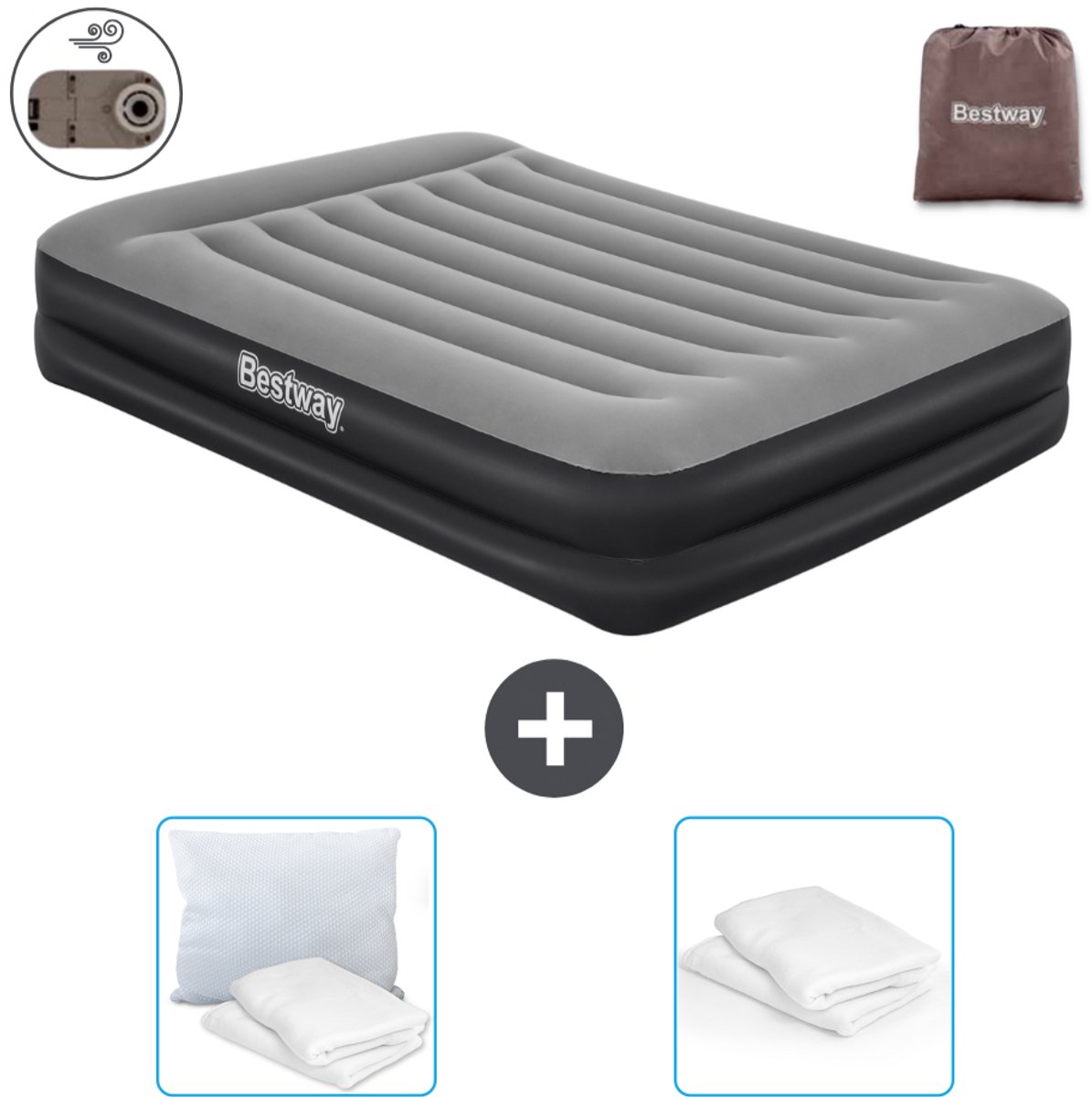Bestway luchtbed - 2-Persoons - 152 x 203 x 46 cm - Grijs - Inclusief pomp - Kussen en Kussenbeschermer