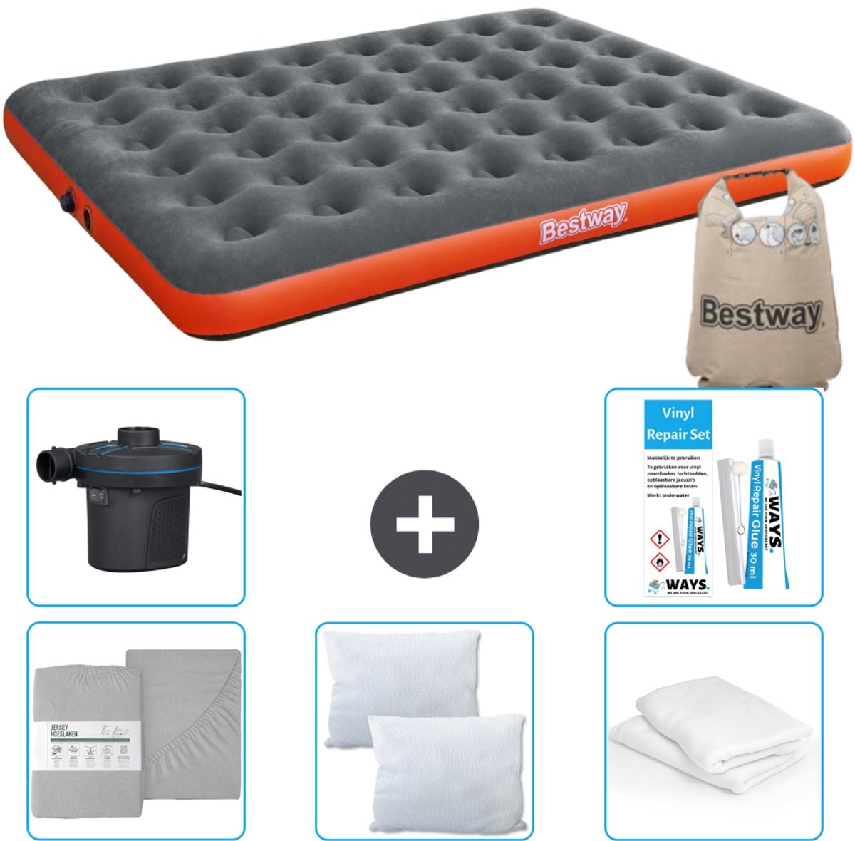 Bestway luchtbed - 2-Persoons - 152 x 203 x 22 cm - Grijs/Oranje - Inclusief Hoeslaken - Kussen - Kussenbeschermer - Pomp en Reparatieset