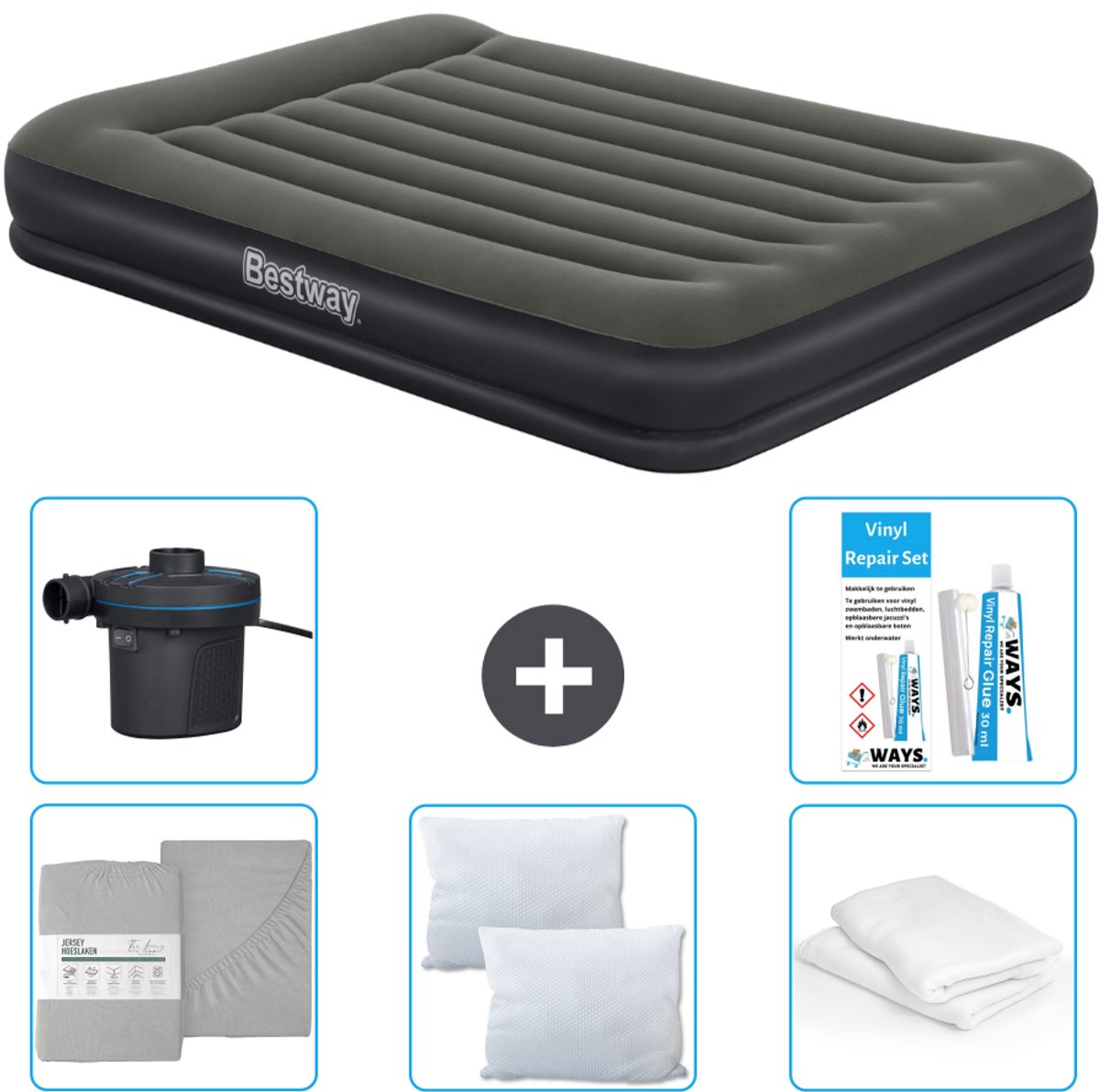 Bestway luchtbed - 2-Persoons - 152 x 203 x 36 cm - Groen - Inclusief Hoeslaken - Kussen - Kussenbeschermer - Pomp en Reparatieset