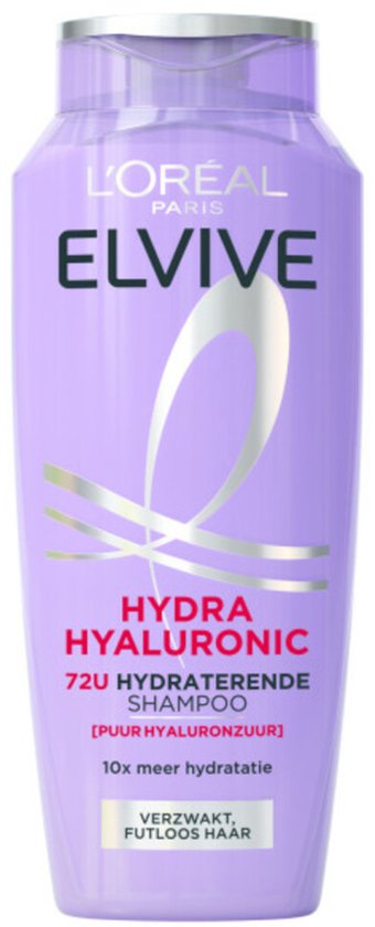 Paarse fles L'Oréal Elvive Hydra Hyaluronic 72U hydraterende shampoo.