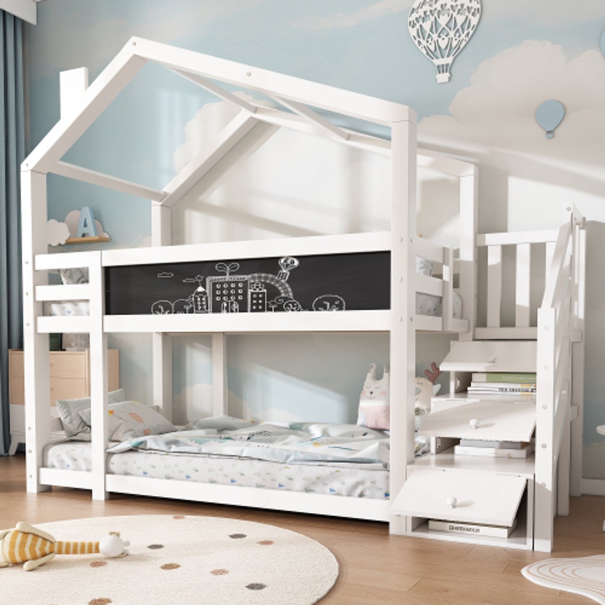 Kidsbeds Kinderbed boomhut 90 x 200 cm, stapelbed voor kinderen met schoorsteen & opbergruimte en uitvalbeveiliging, wit, incl. plank 2x lattenbodem (zonder matras)