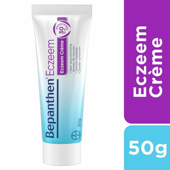 Witte tube Bepanthen Eczeem Crème met paarse en blauwe opdruk. 50g.