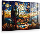 MuchoWow® Glasschilderij 30x20 cm - Schilderij acrylglas - Hemel - Sterren - Mozaïek - Huizen - Foto op glas - Muurdecoratie woonkamer - Wanddecoratie slaapkamer - Schilderijen