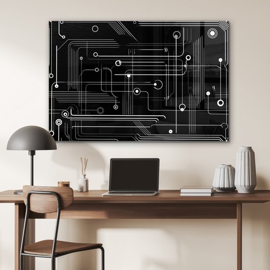 MuchoWow® Glasschilderij 90x60 cm - Schilderij acrylglas - Abstract - Lijnen - Rondjes - Zwart - Foto op glas - Muurdecoratie woonkamer - Wanddecoratie slaapkamer - Schilderijen
