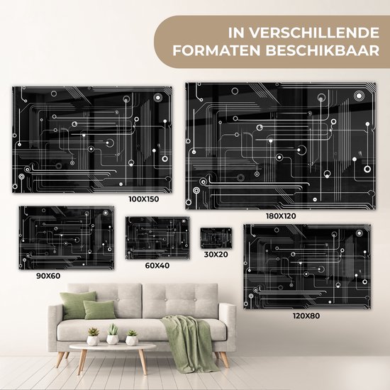 MuchoWow® Glasschilderij 90x60 cm - Schilderij acrylglas - Abstract - Lijnen - Rondjes - Zwart - Foto op glas - Muurdecoratie woonkamer - Wanddecoratie slaapkamer - Schilderijen