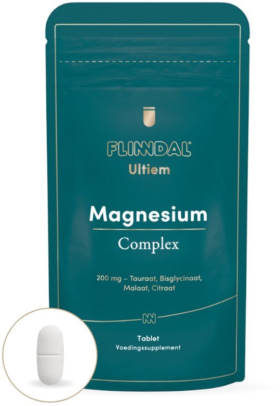 Verpakking van "Flinndal Ultiem Magnesium Complex", 200 mg, met een pil.