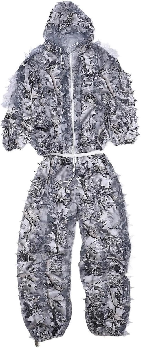 3D Leaf Suit ghilliekostuum in winter camo patroon, sneeuwcamouflagepak voor sneeuwjacht met realistische bladstructuur en comfortabele pasvorm