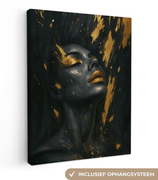 Canvas schilderij 60x80 cm - Exclusieve wanddecoratie Gezicht - Vrouw - Verfspatten - Abstract - Muurdecoratie woonkamer - Slaapkamer decoratie - Kamer accessoires - Schilderijen op canvas