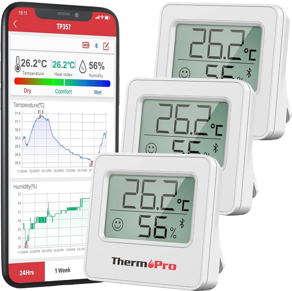 Bluetooth Hygrometer en Thermometer Set van 3 - Digitale Binnenmeetapparatuur met App en Comfortindicator voor Optimaal Binnenklimaat