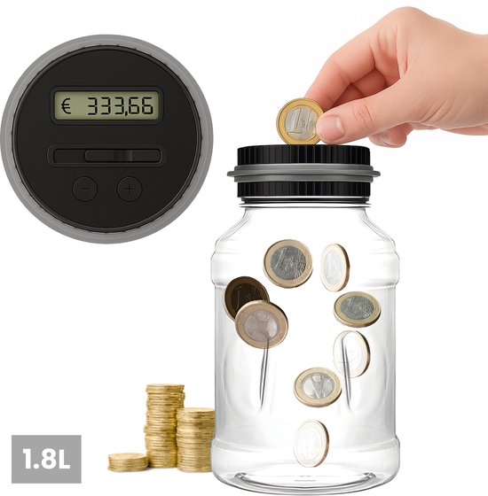 ZoeZo Design - Digitale Spaarpot met Muntenteller - 1,8L Transparant/Grijs - Geschikt voor Euro’s - Herbruikbare Spaar Pot – Bereik je Spaardoel – Origineel Cadeau - Spaarpotten - Sparen