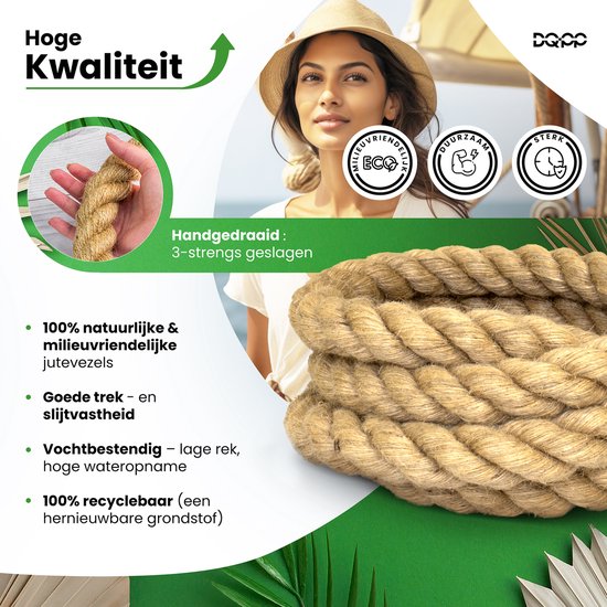 Trois brins de corde brun naturel, torsadés à la main. Une femme coiffée en arrière-plan. Icônes pour éco, durable et solide.
