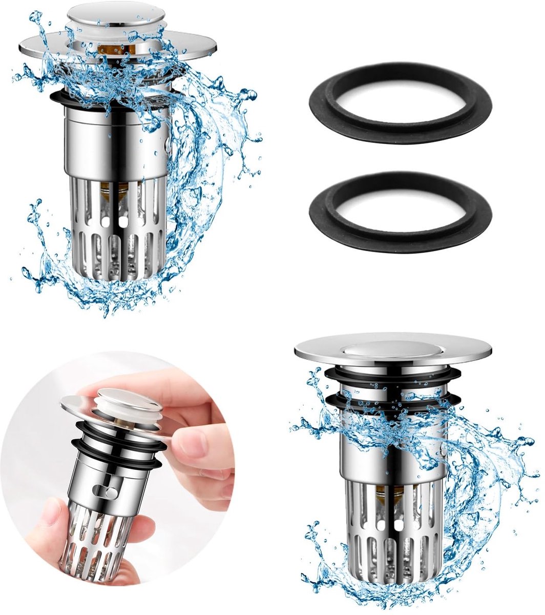 Ibenzoa® Twee Afvoerstops voor Wastafels met Verstelbare Haarzeef - Universeel Geschikt voor Badkamer en Keuken