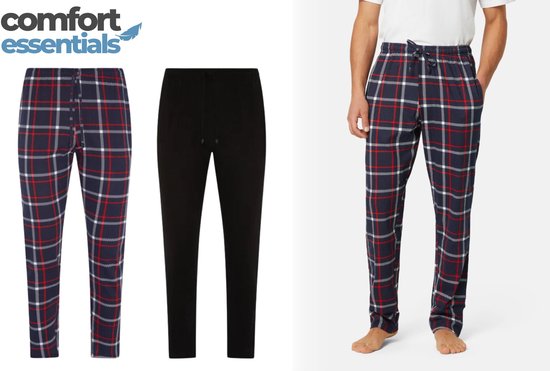 Comfort Essentials - Pyjama Heren Volwassenen - Broek - 2 Pack - Navy Geruit / Navy - L - Pyama Heren Volwassenen - Pyjamabroek Heren - Pyamabroek Heren