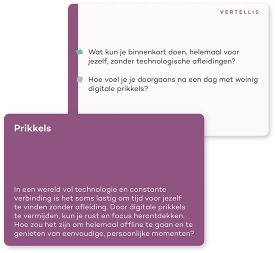 Vertellis Vitaliteit Deck: Vragen over prikkels, zoals 'Wat kun je binnenkort doen, helemaal voor jezelf, zonder technologische afleidingen?'