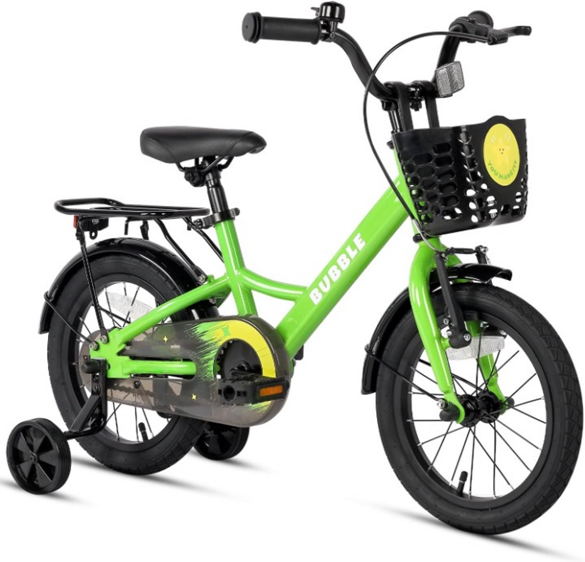 Kinderfiets - Kinderfiets 16 inch - Lichtgewicht - met Trainingswiel - Bel - Mandje - Kickstand - voor Kinderen - Unisex - Zadelhoogte 99-127cm - Gelegeerd Staal - 98 x 51.5 x 18.5 cm - Groen