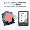Stapel boeken en e-reader, "Voldoende opslagruimte voor 3.500+ e-books"