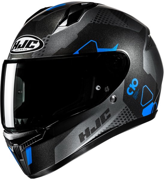 Zwarte, grijze en blauwe HJC C10 integraalhelm met camouflagepatroon.