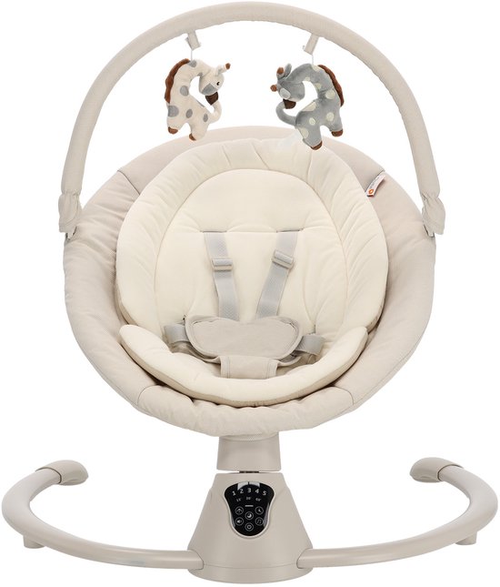 Crèmekleurige babyschommel met zachte, gewatteerde zitting en verstelbare gordels. Drie giraffenspeeltjes hangen aan de speelboog.