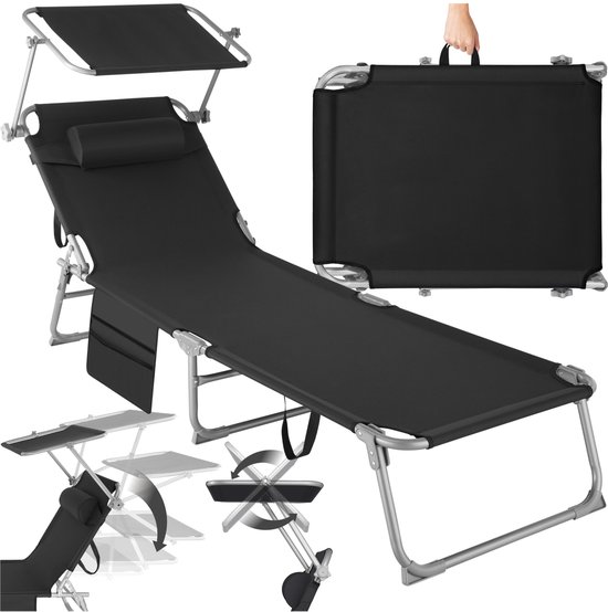 tectake® - ligbed Zonnestoel ligstoel - 4 standen , inklapbaar – zwart - 68 x 190 x 28 cm, met zijvak