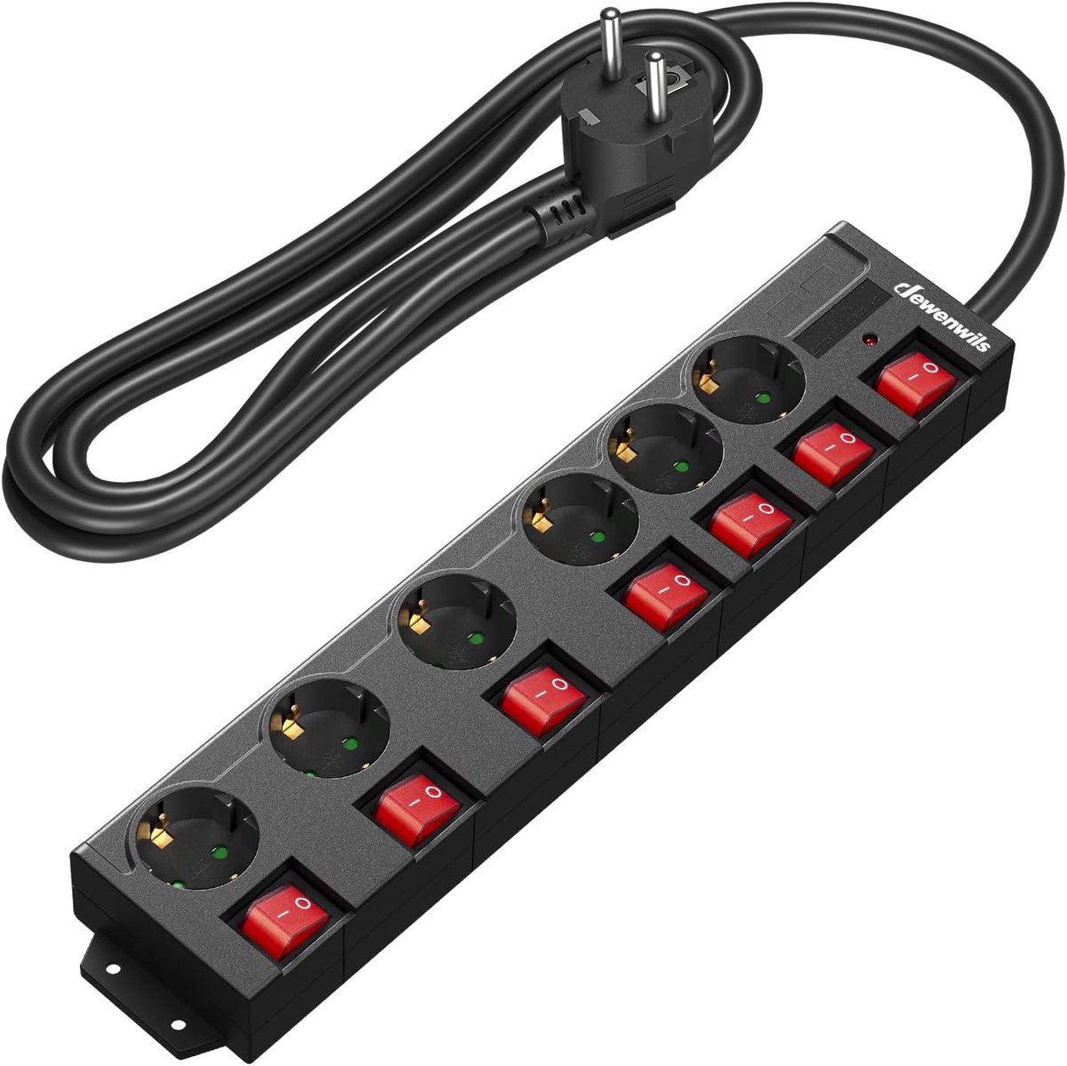 Zwarte wandcontactdoos met schakelaar, 6-voudig en overspanningsbeveiliging, 2 meter kabel, individueel schakelbaar, met USB poorten en kinderbeveiliging