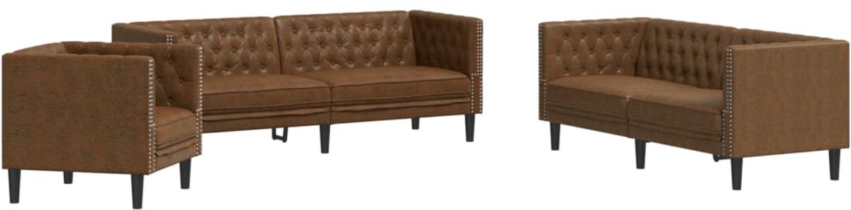 vidaXL 3-delige - Loungeset - Chesterfield-stijl - kunstsuède - bruin