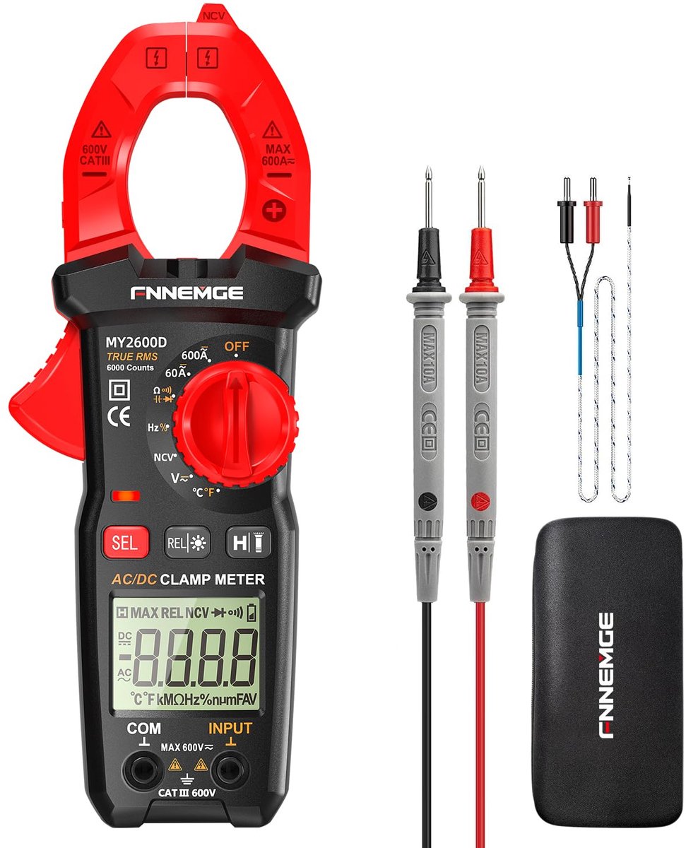 Digitale Stroomtang Multimeter AC/DC 600A - True RMS, Contactloze Spanningsdetectie, Temperatuurmeting, Multifunctionele Tangmeter