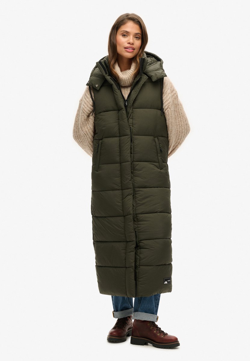 Superdry Lange bodywarmer met capuchon en ripstop Dames Gilets Khaki
