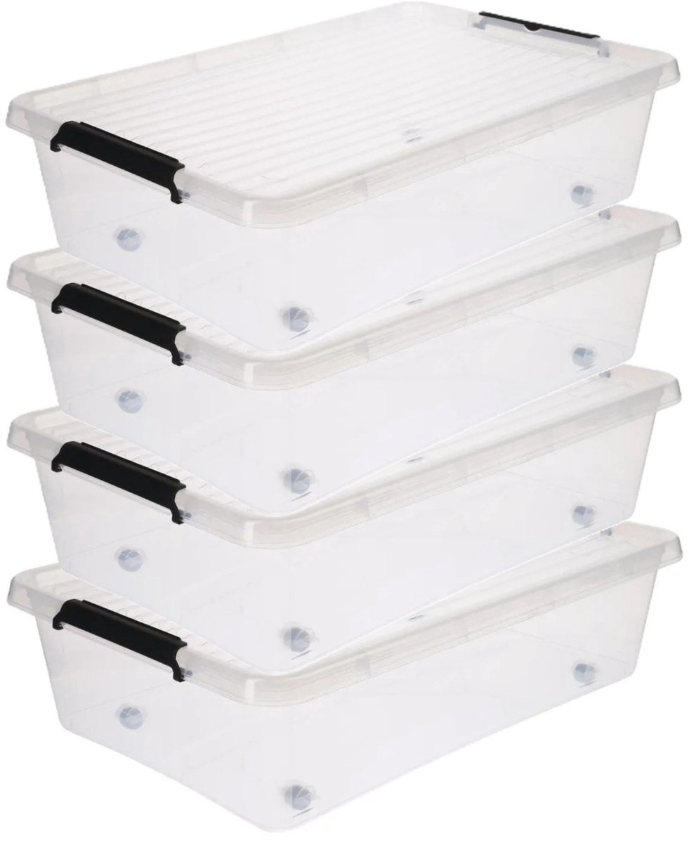 5Five® 5Five opberg kist met deksel - 4x - Clip Box - 29 liter - 58 x 39 x 16 cm - kunststof - transparant - met wielen