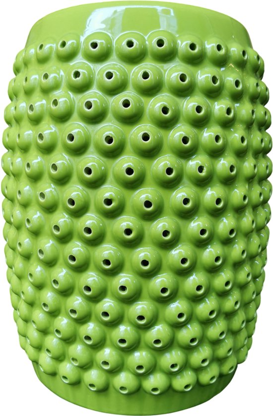Groene keramische kruk met noppenpatroon en openingen, 33x46cm.