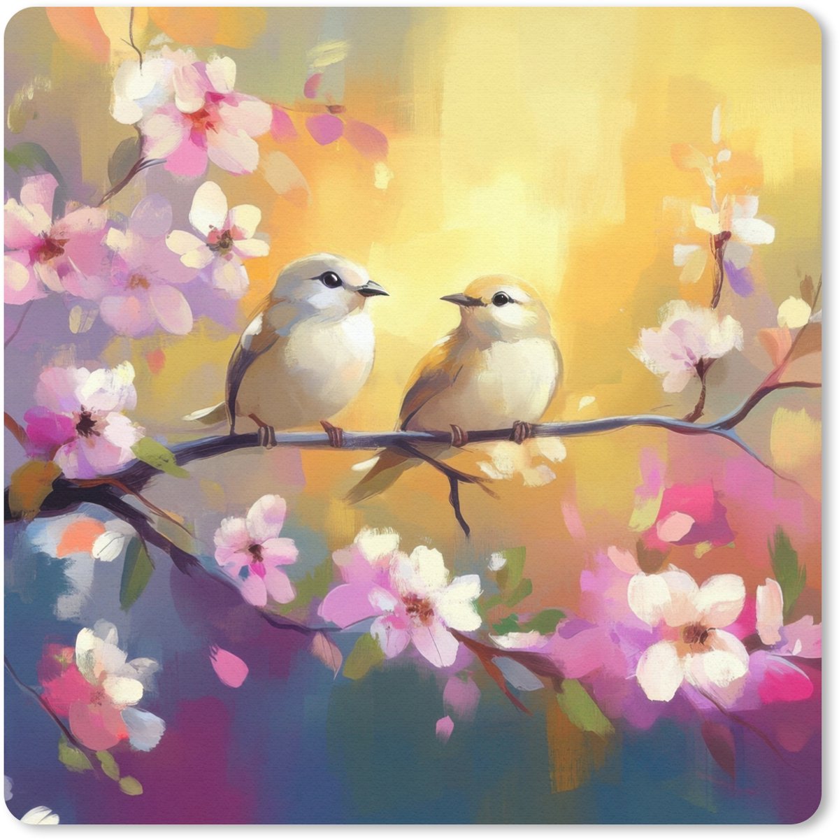 Muismat 30x30 cm - Mousepad Vogels - Bloemen - Roze - Muismatten