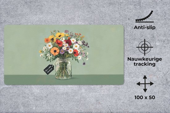 Muismat XXL 100x50 cm - Bureau onderlegger - Bureau mat Bloemen - Vaas - Kaartje - Bureaumat - Gaming mousepad xl - Bureaulegger groot - Computer deskmat