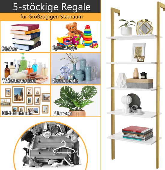 COSTWAY Ladderrek, goud, staand rek, 5 niveaus, boekenkast, muur