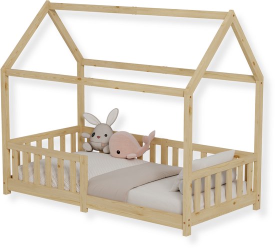 Lit pour enfant avec protection antichute incl. sommier à lattes | 90x200cm | Naturel | Pinède – Bois Massief | pour filles et garçons | Lits d'enfants