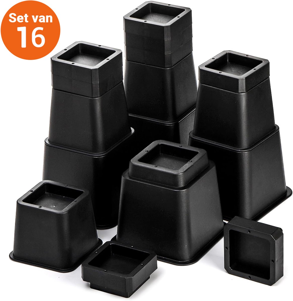 JustValue Verstelbare Meubelverhoger set - 7.6, 10, 12.7, 15.2, 17.8, 20.3, 22.9, 25.4, 27.8, 30,2 cm - Max. 567 kg - Modern Zwart Design