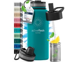 bemaxx Drinkfles met Rietje RVS Thermosfles ACTIVE FLASK (3 Drinkdoppen met Infuser), Volwassenen Kinderen, BPA-Vrij + Lekvrij | 1 Liter/500 ml Isoleerfles, Vacuüm Waterfles Sport Fitness Fietsen Water Fles Waterbidon Sportbidon