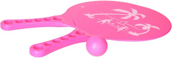 Roze beachball rackets met een silhouet van palmbomen en spelende figuren. Inclusief roze bal.