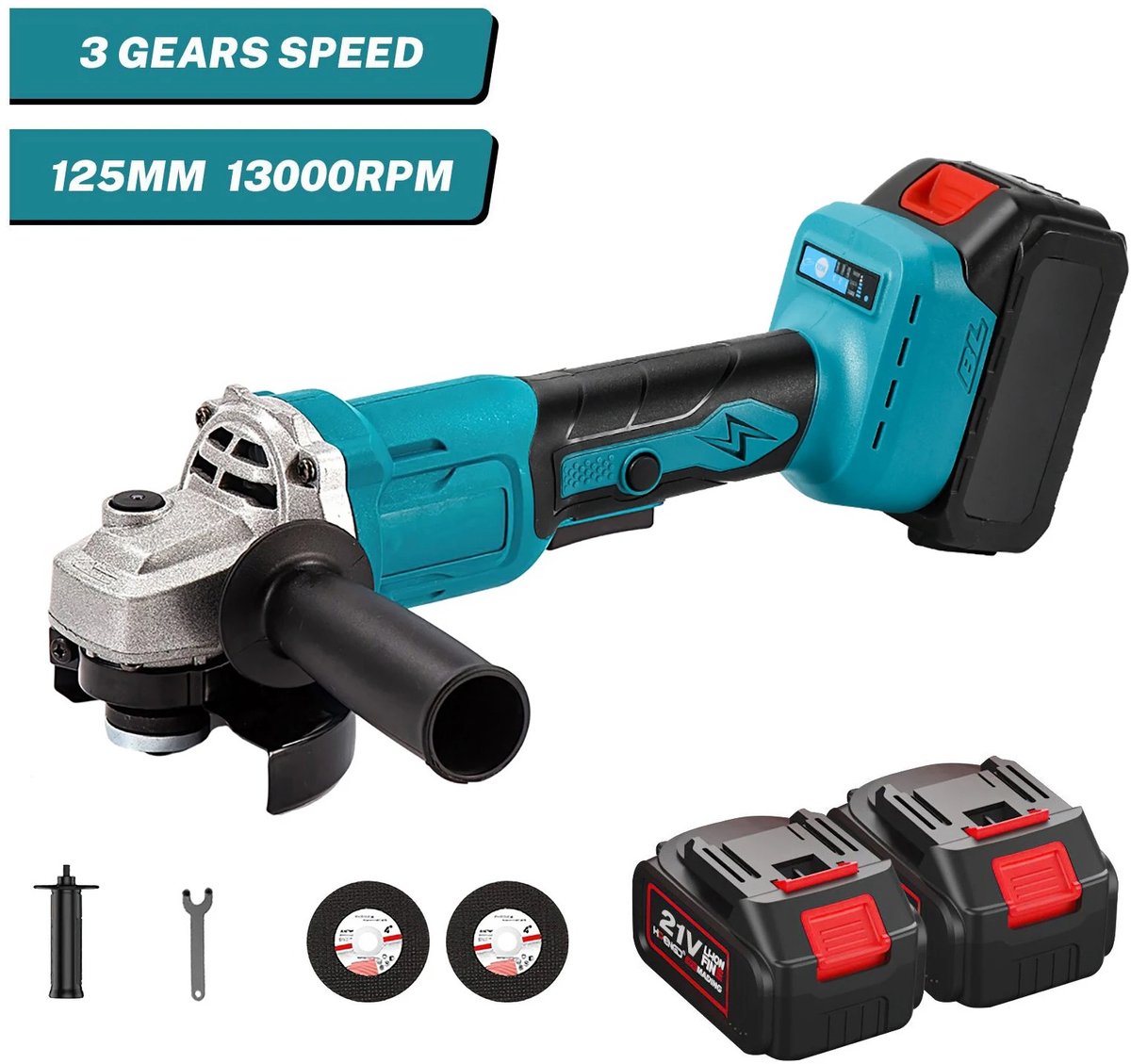 Slijpmachine - Haakse Slijper - Draadloze Slijpmachine - 3 Snelheden - Borstelloze Motor - 1000W - 125mm Schijf - Inclusief 2x Batterijen + Oplader - 18V Accu's - Elektrisch Gereedschap - Voor Metaal, Steen & Houtbewerking