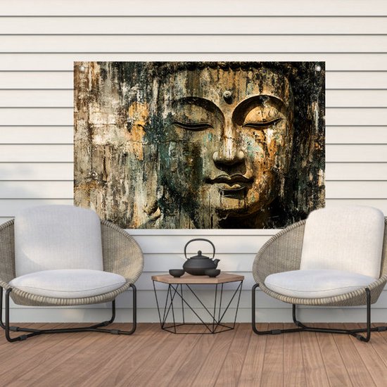 Verweerde Boeddha sculptuur close-up - Boeddha tuinposter - Tuinkunst gezicht - Realistische kunst - Muurdecoratie tuin - Tuin poster - Tuinposter 105x70 cm