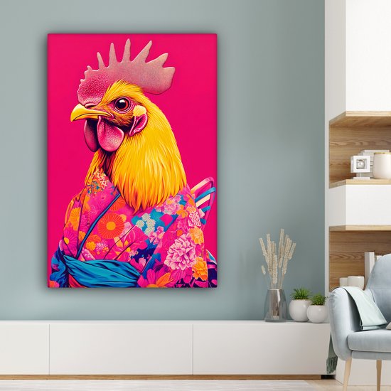 Tableau sur toile 80x120 cm - Décoration murale exclusive Coq - Coloré - Kimono - Rose - Décoration murale salon - Décoration chambre - Accessoires de chambre - Peintures sur toile