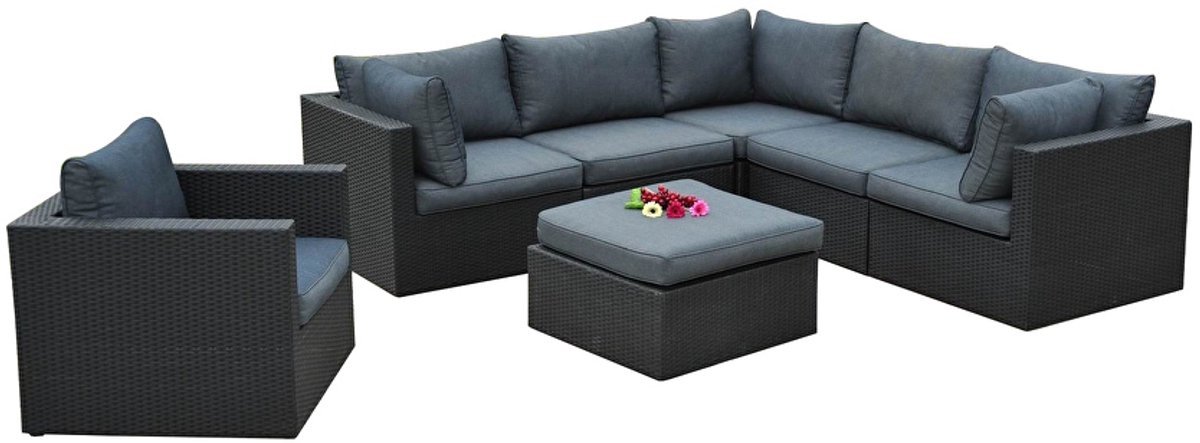 Loungeset 7-delig - Zwart wicker met antraciete kussens