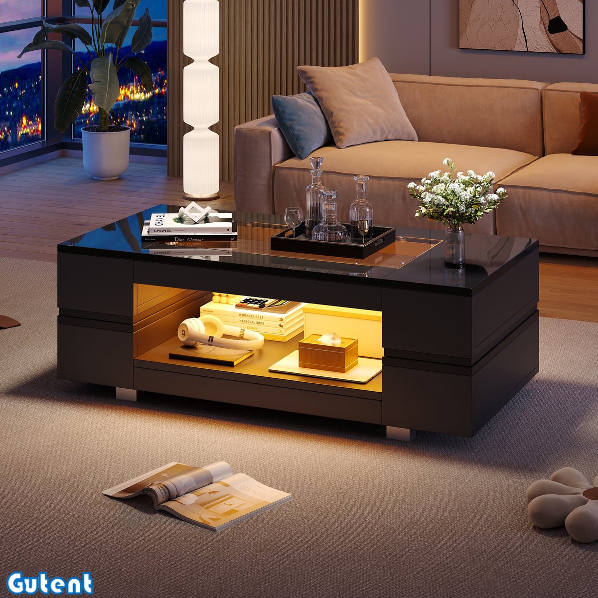 Gutent Salontafel - Zwart- LED salontafel - met Bluetooth app-bediening